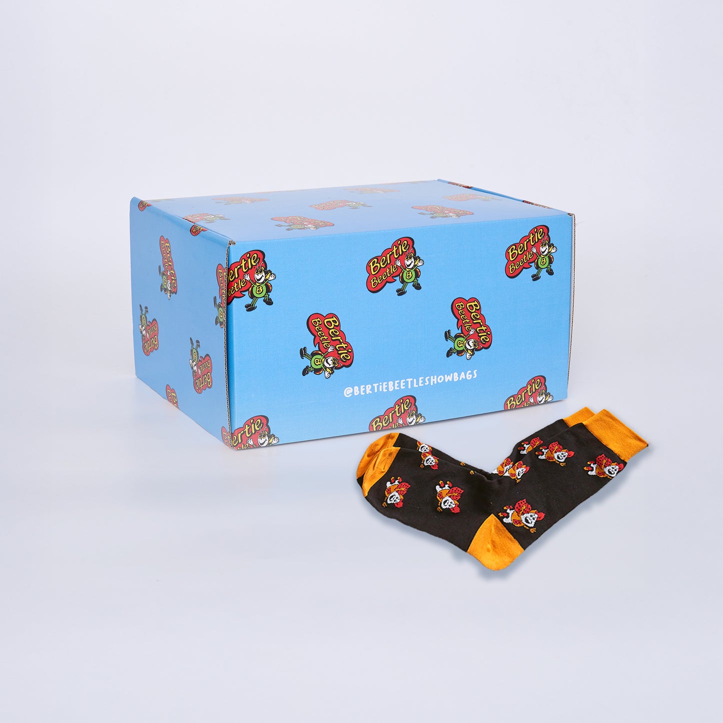 Bertie Beetle Huge Haul - 225 Bertie Beetle chocolates in printed box with Bertie Beetle Retro Camping Mug Set or Socks