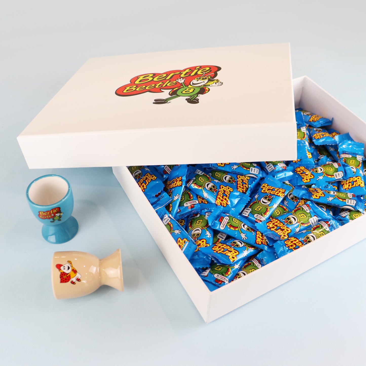 Bertie Beetle Bounty Box - 100 Bertie Beetle chocolates in a gift box with Ceramic Egg Cup Set