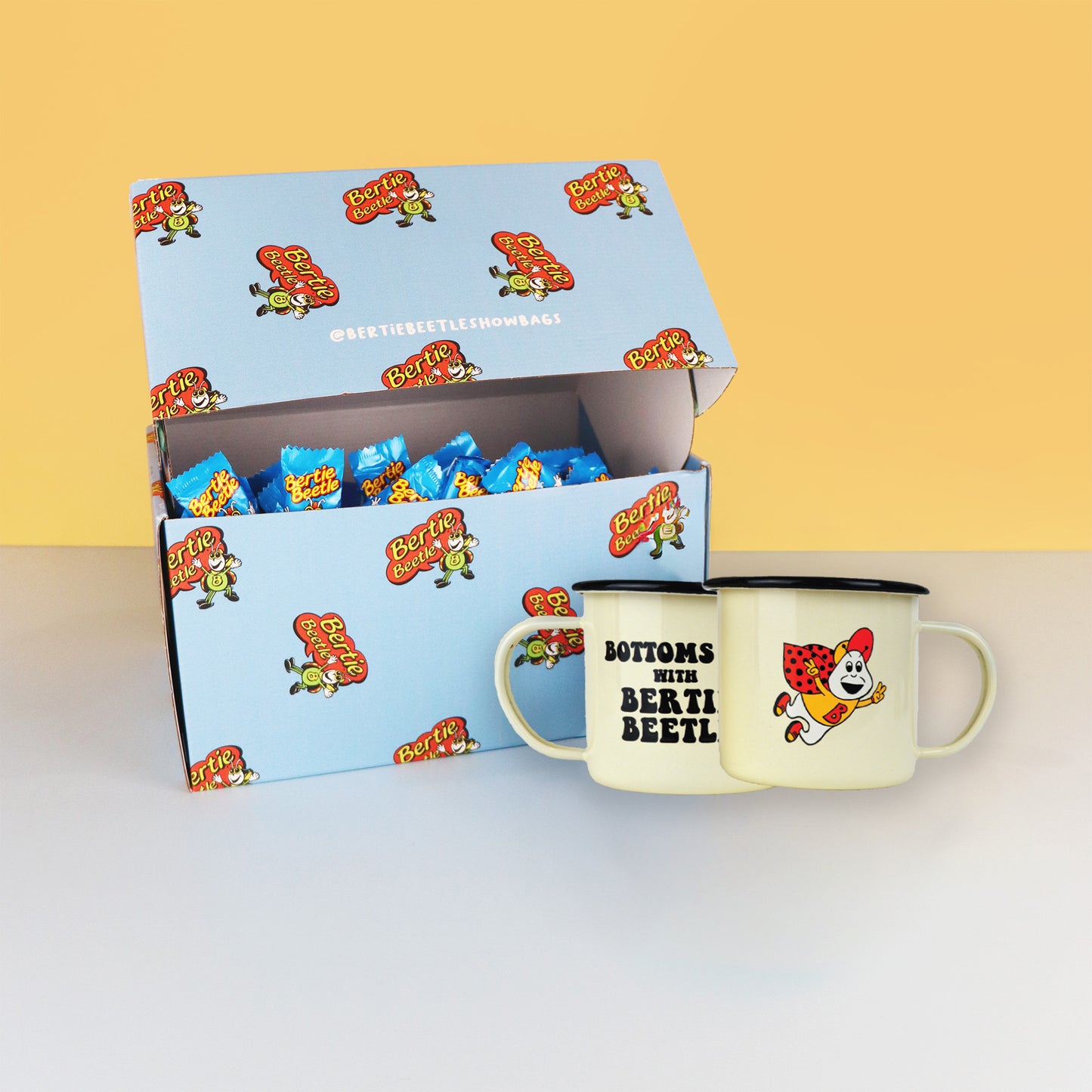 Bertie Beetle Huge Haul - 225 Bertie Beetle chocolates in printed box with Bertie Beetle Retro Camping Mug Set or Socks