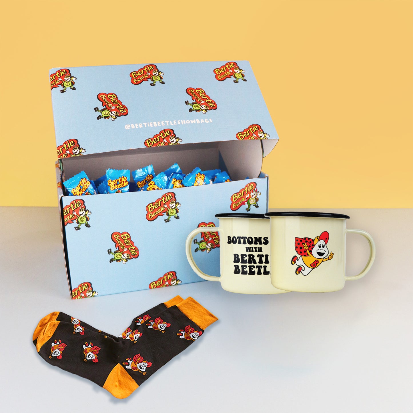 Bertie Beetle Huge Haul - 225 Bertie Beetle chocolates in printed box with Bertie Beetle Retro Camping Mug Set or Socks