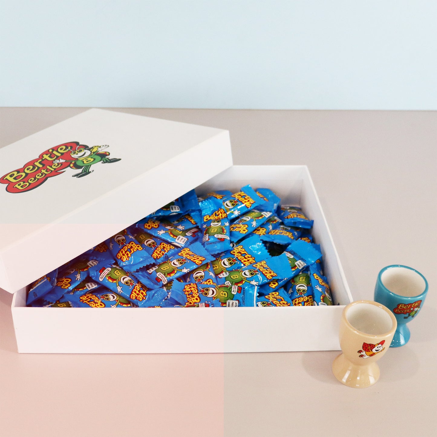 Bertie Beetle Bounty Box - 100 Bertie Beetle chocolates in a gift box with Ceramic Egg Cup Set