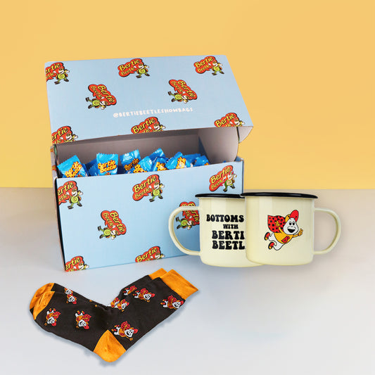 Bertie Beetle Huge Haul - 225 Bertie Beetle chocolates in printed box with Bertie Beetle Retro Camping Mug Set or Socks