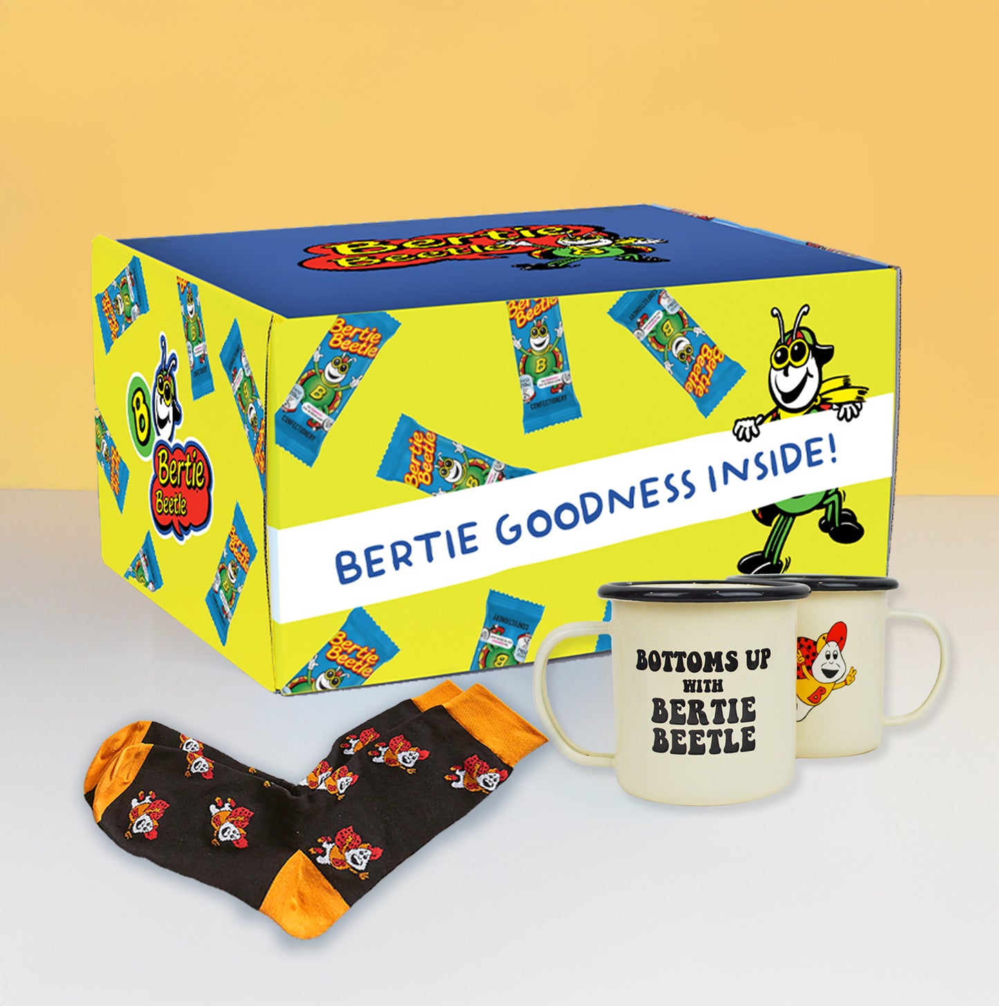 Bertie Beetle Huge Haul - 225 Bertie Beetle chocolates in printed box with Bertie Beetle Retro Camping Mug Set or Socks