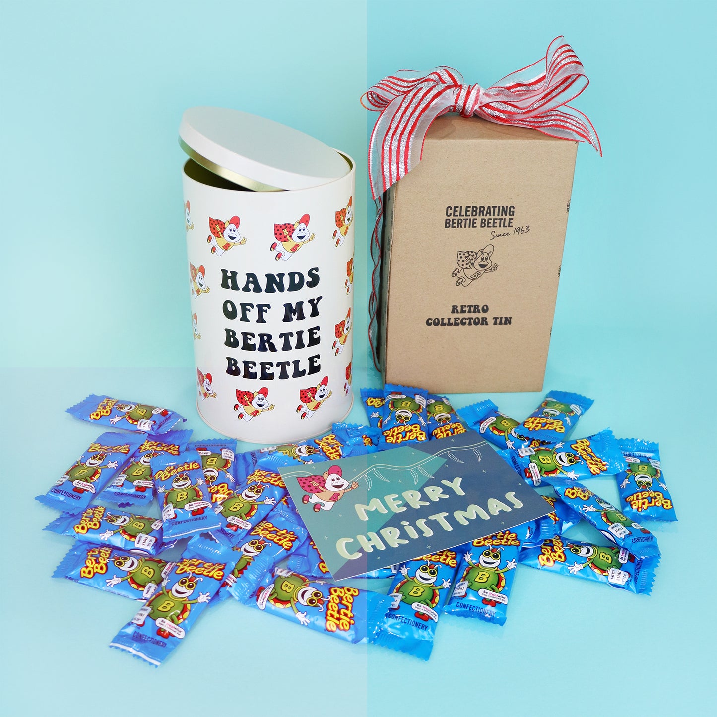 Bertie Beetle Christmas Tin - 30 Bertie Beetle Chocolates + Ribbon + Card