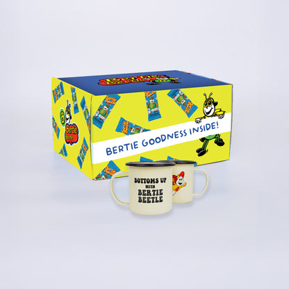 Bertie Beetle Huge Haul - 225 Bertie Beetle chocolates in printed box with Bertie Beetle Retro Camping Mug Set or Socks
