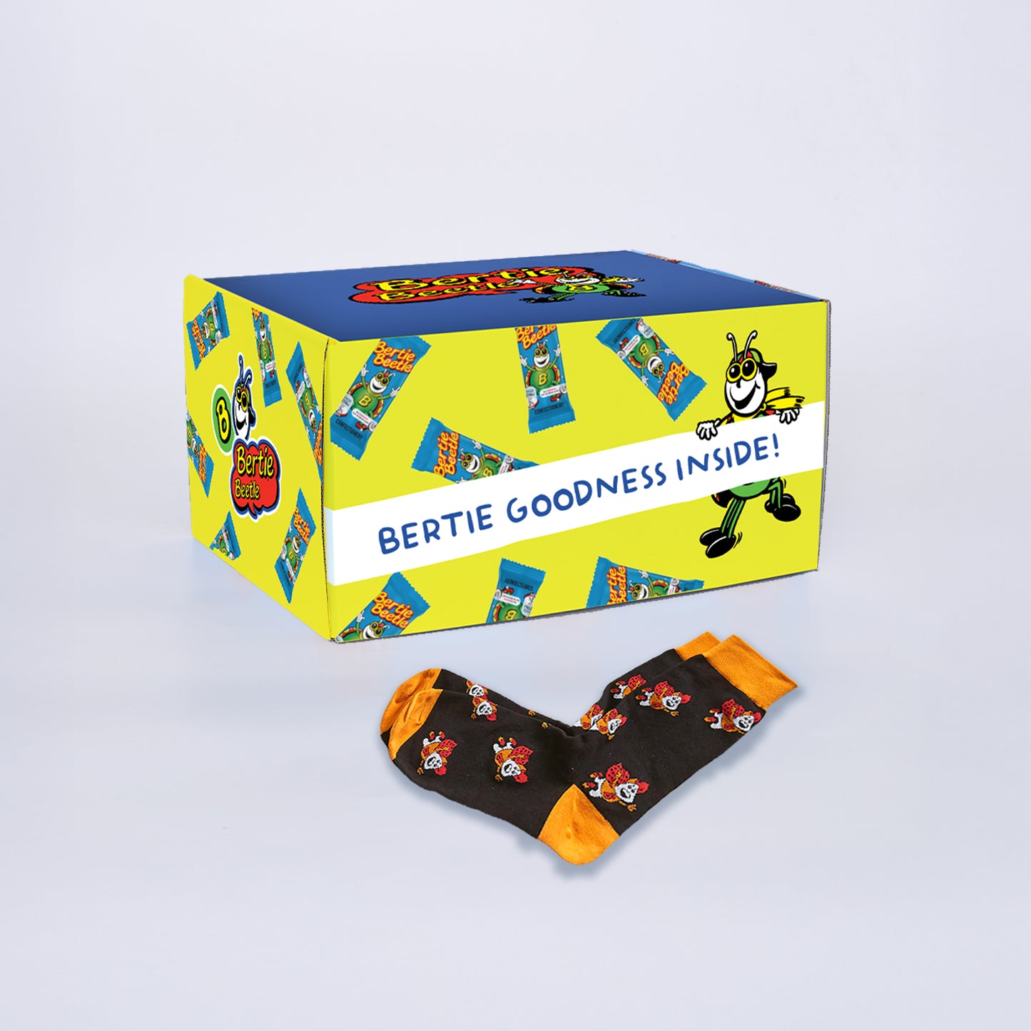 Bertie Beetle Huge Haul - 225 Bertie Beetle chocolates in printed box with Bertie Beetle Retro Camping Mug Set or Socks