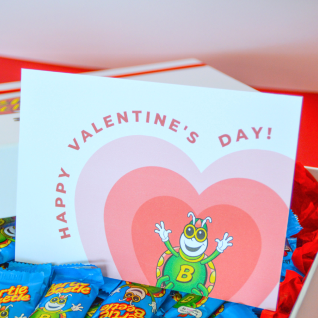 Bertie Beetle Valentines Day Bounty Box - 75x Bertie Beetle Chocolates in a Gift Box with an EXCLUSIVE Bertie Beetle Valentines Day Card